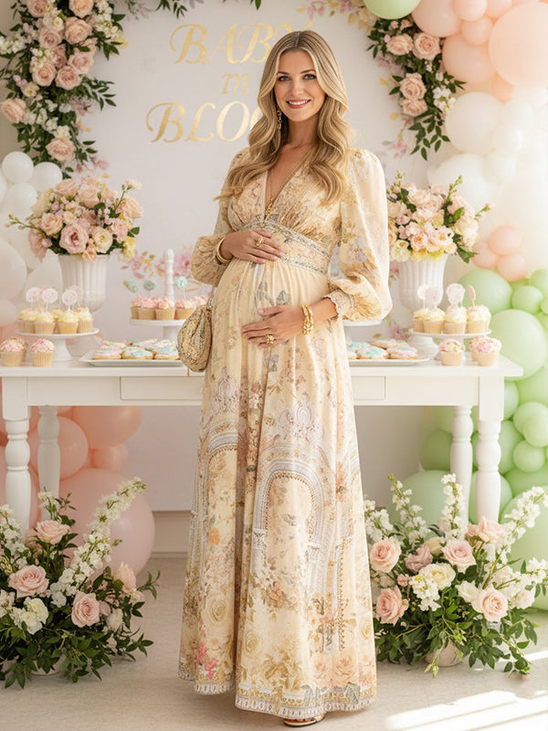 Momsmood Floral Buttons Shaped Waistband Big Swing Flowy Boho Maternity Maxi Dress