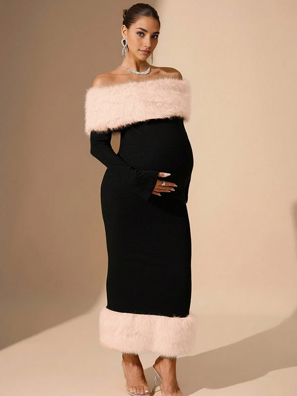 Momsmood Christmas Off Shoulder Feather Back Slit Bodycon Maternity Maxi Dress