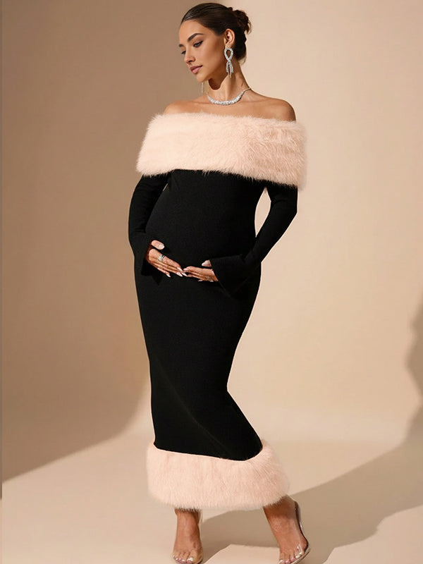 Momsmood Christmas Off Shoulder Feather Back Slit Bodycon Maternity Maxi Dress