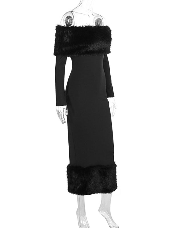 Momsmood Christmas Off Shoulder Feather Back Slit Bodycon Maternity Maxi Dress