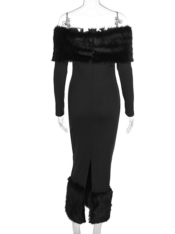 Momsmood Christmas Off Shoulder Feather Back Slit Bodycon Maternity Maxi Dress