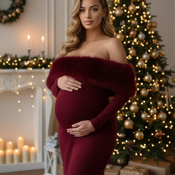 Momsmood Christmas Off Shoulder Feather Back Slit Bodycon Maternity Maxi Dress