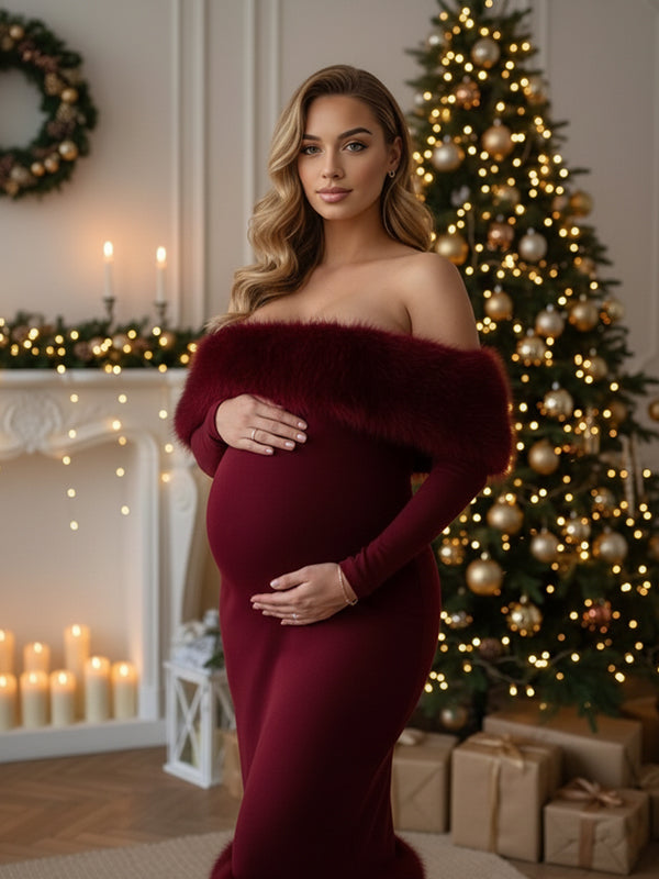 Momsmood Off Shoulder Feather Back Slit Bodycon Maternity Maxi Dress