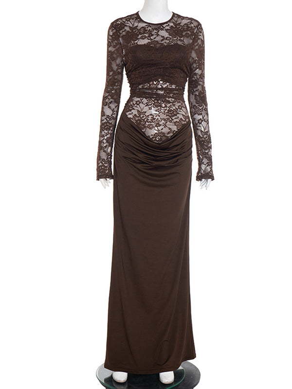 Brown Lace Panel Ruched Bodycon Maternity Maxi Dress
