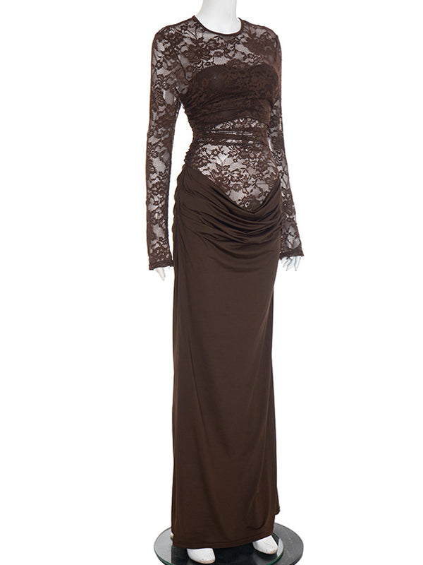 Brown Lace Panel Ruched Bodycon Maternity Maxi Dress