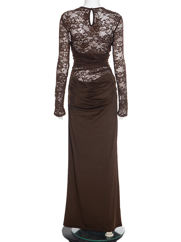 Brown Lace Panel Ruched Bodycon Maternity Maxi Dress