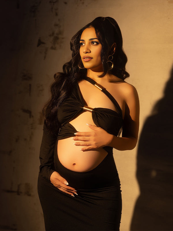 Momsmood Black One Sleeve Cut Out Metal Buckle Bodycon Club Photoshoot Maternity Maxi Dress