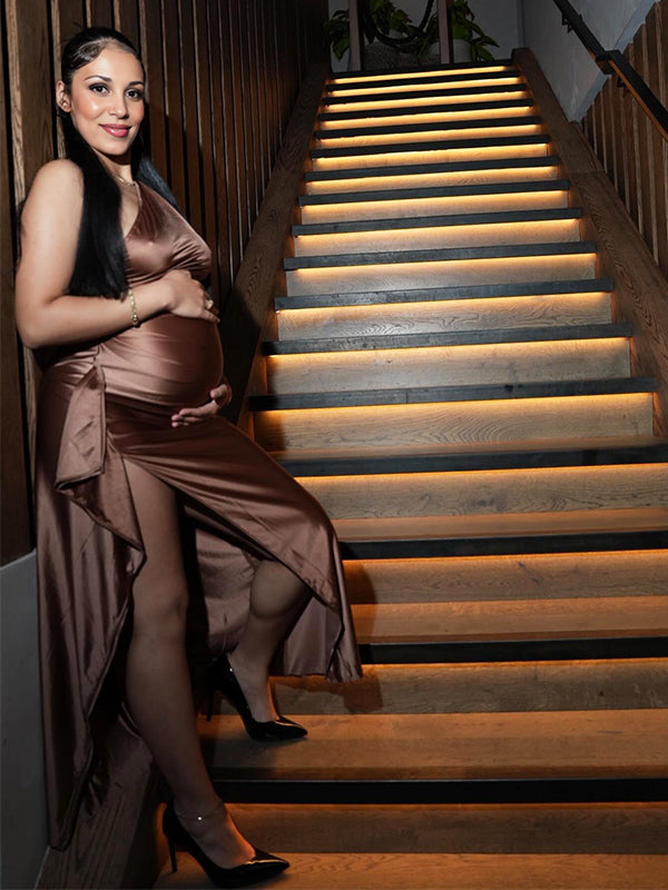 Momsmood Brown One Shoulder Side Slit Draped Silk Backless Club Cocktail Baby Shower Maternity Maxi Dress