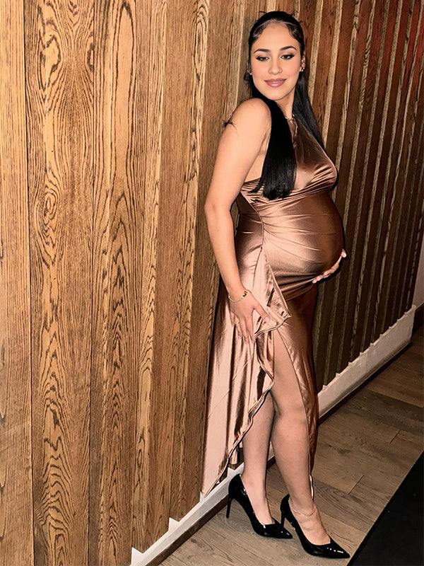 Momsmood Brown One Shoulder Side Slit Draped Silk Backless Club Cocktail Baby Shower Maternity Maxi Dress