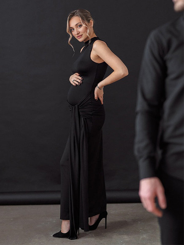 Momsmood Black Twist Draped Band Neck Bodycon Elegant Photoshoot Baby Shower Maternity Maxi Dress