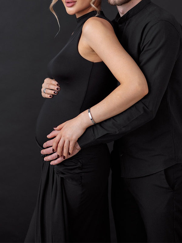 Momsmood Black Twist Draped Band Neck Bodycon Elegant Photoshoot Baby Shower Maternity Maxi Dress