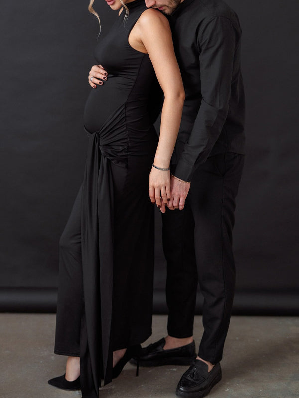 Momsmood Black Twist Draped Band Neck Bodycon Elegant Photoshoot Baby Shower Maternity Maxi Dress
