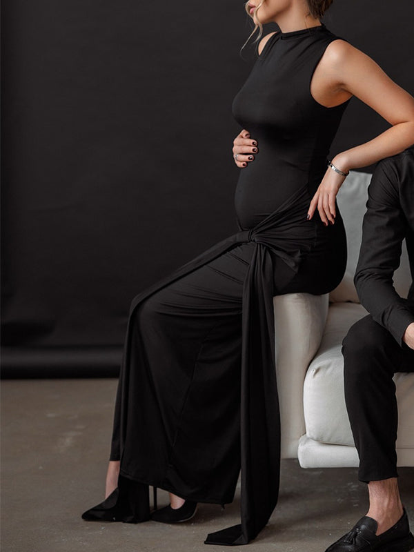 Momsmood Black Twist Draped Band Neck Bodycon Elegant Photoshoot Baby Shower Maternity Maxi Dress