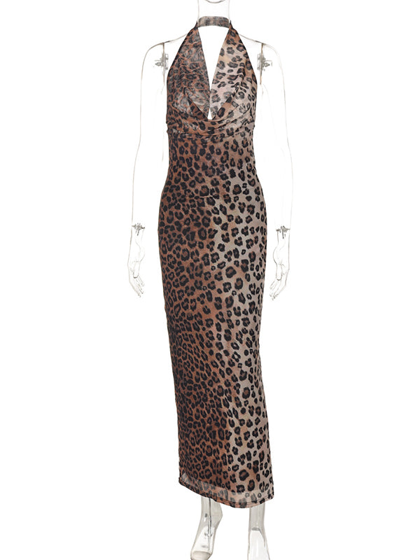 Momsmood Brown Leopard Backless Halter Neck Bodycon Club Party Fashion Maternity Maxi Dress