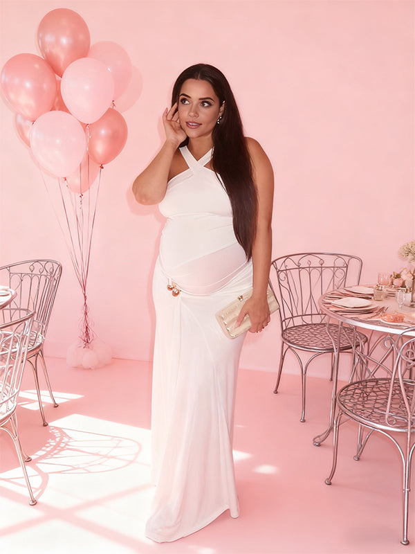 White Ruched Buckle Baby Shower Maternity Maxi Dress