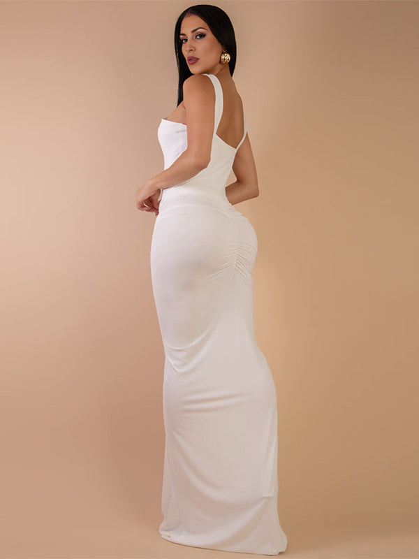 White Ruched Buckle Baby Shower Maternity Maxi Dress