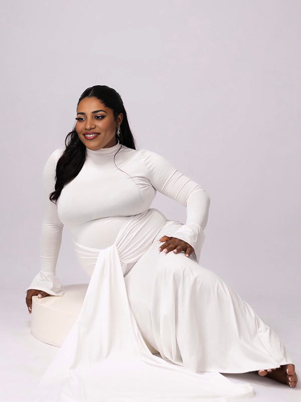 Momsmood White Twist Draped Flare Sleeve Band Neck Bodycon Photoshoot Baby Shower Maternity Maxi Dress