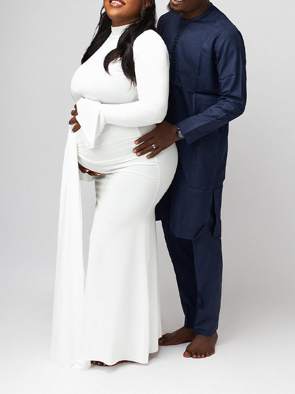 Momsmood White Twist Draped Flare Sleeve Band Neck Bodycon Photoshoot Baby Shower Maternity Maxi Dress