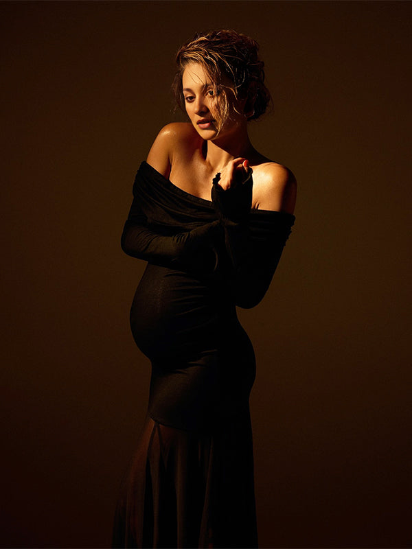 Momsmood Black Off Shoulder Grenadine Splicing Sheer Flare Sleeve Elegant Photoshoot Maternity Maxi Dress