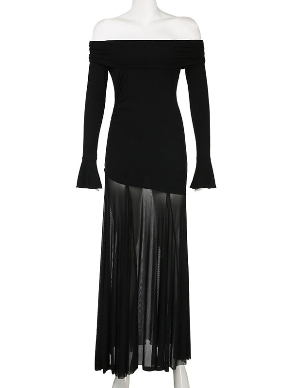 Momsmood Black Off Shoulder Grenadine Splicing Sheer Flare Sleeve Elegant Photoshoot Maternity Maxi Dress