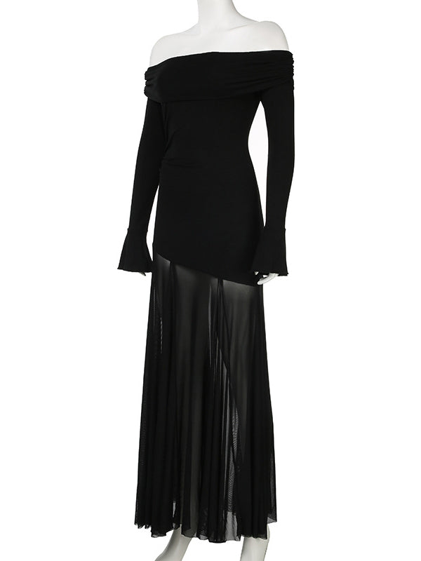 Momsmood Black Off Shoulder Grenadine Splicing Sheer Flare Sleeve Elegant Photoshoot Maternity Maxi Dress