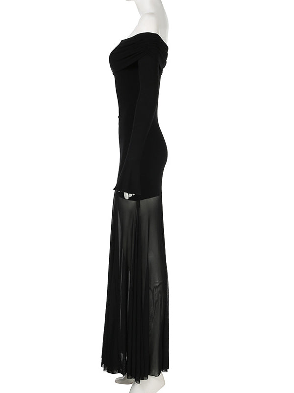 Momsmood Black Off Shoulder Grenadine Splicing Sheer Flare Sleeve Elegant Photoshoot Maternity Maxi Dress