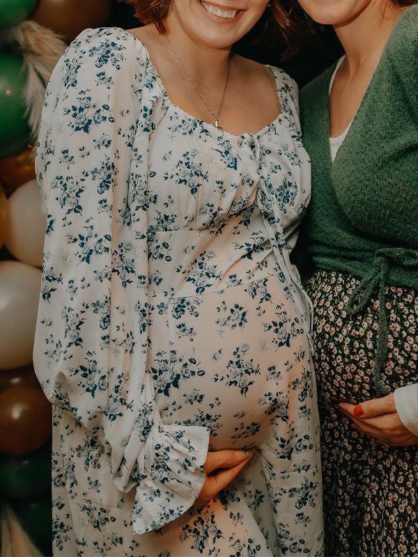 Momsmood White And Blue Flowers Side Slit Cross Lace Up Lantern Sleeve Gendeer Reveal Baby Boy Shower Maternity Maxi Dress