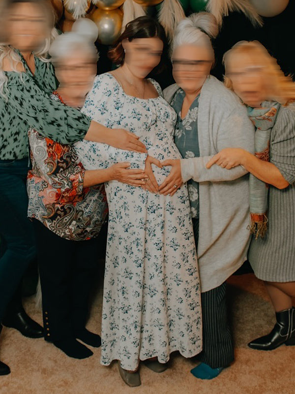 Momsmood White And Blue Flowers Side Slit Cross Lace Up Lantern Sleeve Gendeer Reveal Baby Boy Shower Maternity Maxi Dress