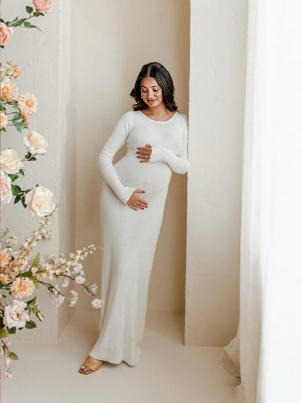 Momsmood White Backless Lace Up Bodycon Elegant Photoshoot Baby Shower Maternity Maxi Dress