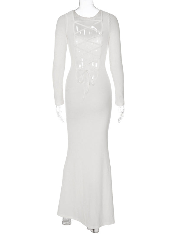 Momsmood White Backless Lace Up Bodycon Elegant Photoshoot Baby Shower Maternity Maxi Dress
