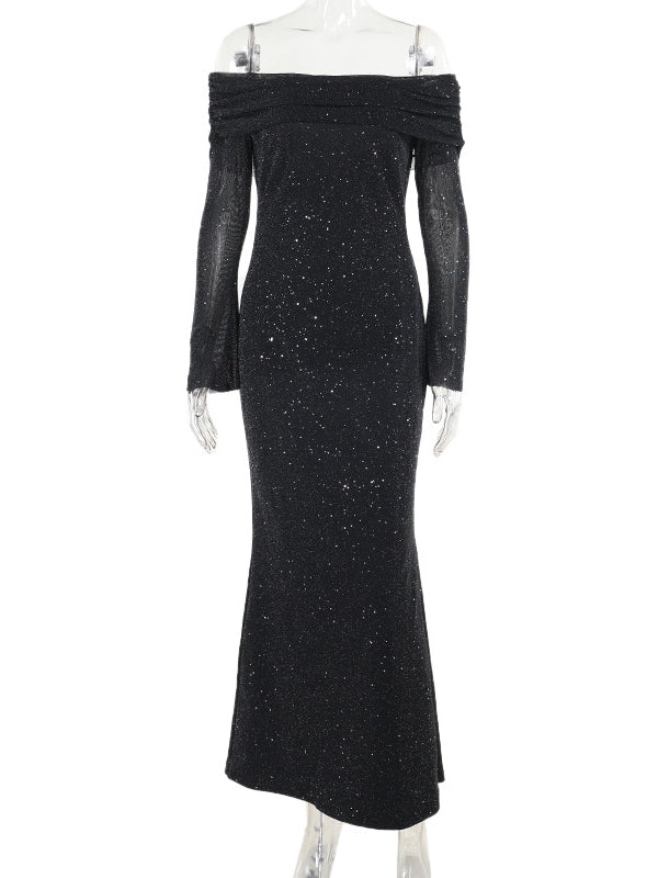 Momsmood Black Off Shoulder Grenadine Sparkly Flare Sleeve Bodycon Elegant Photoshoot Maternity Maxi Dress
