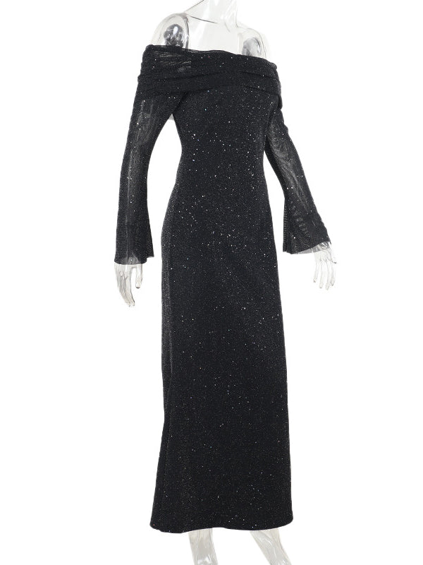 Momsmood Black Off Shoulder Grenadine Sparkly Flare Sleeve Bodycon Elegant Photoshoot Maternity Maxi Dress