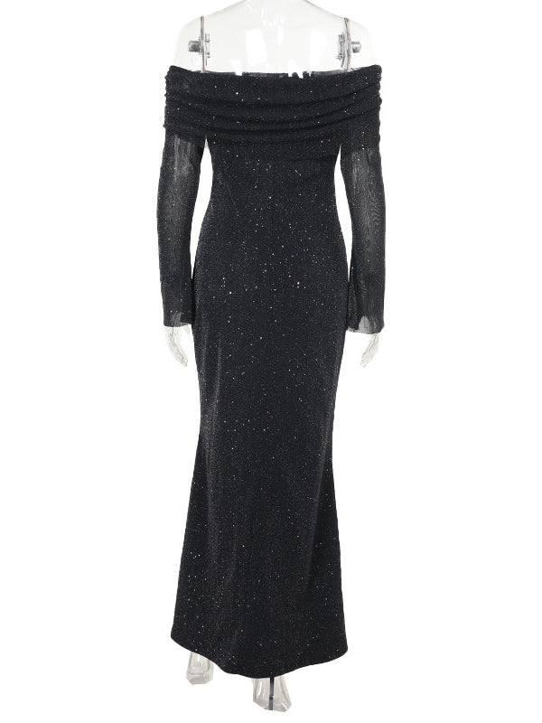 Momsmood Black Off Shoulder Grenadine Sparkly Flare Sleeve Bodycon Elegant Photoshoot Maternity Maxi Dress