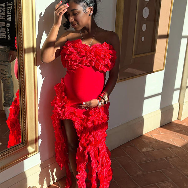 Momsmood Red Tube Irregular Tassel High Slit Back Zipper Bodycon Fashion Party Photoshoot Baby Shower Maternity Maxi Dress