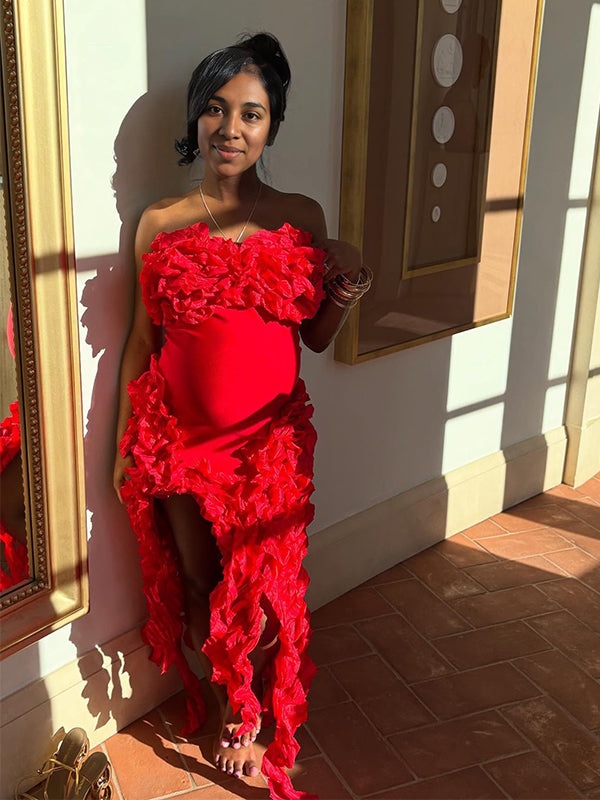 Momsmood Red Tube Irregular Tassel High Slit Back Zipper Bodycon Fashion Party Photoshoot Baby Shower Maternity Maxi Dress