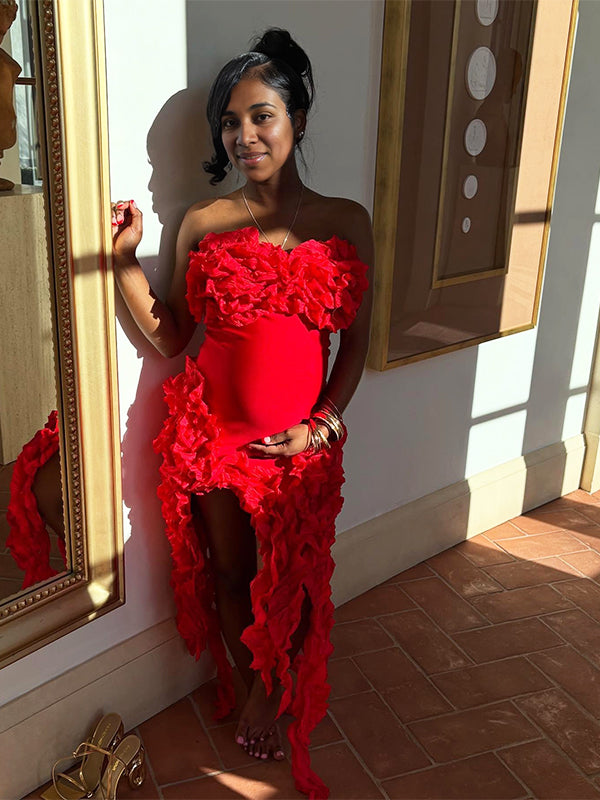 Momsmood Red Tube Irregular Tassel High Slit Back Zipper Bodycon Fashion Party Photoshoot Baby Shower Maternity Maxi Dress