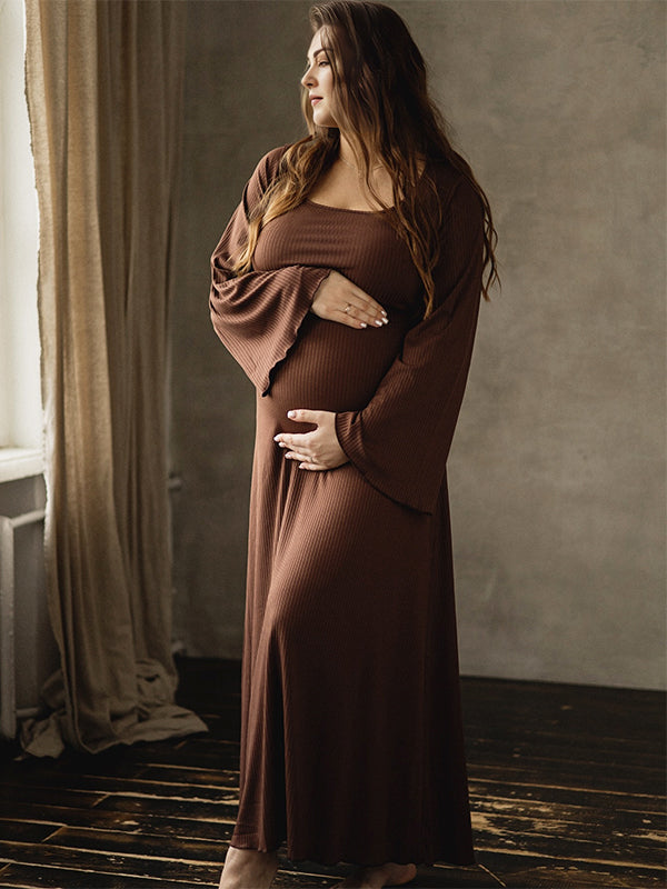 Momsmood Brown Solid Color U-Neck Flare Sleeve Photoshoot Baby Shower Maternity Maxi Dress