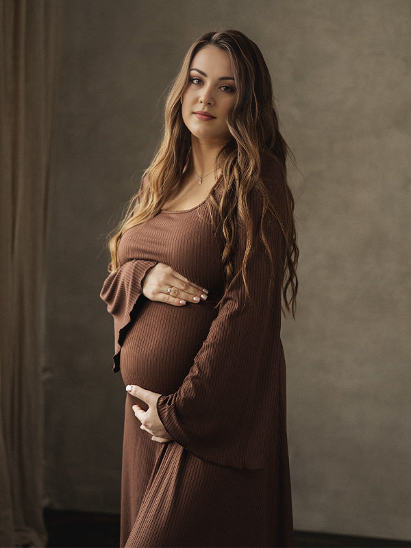 Momsmood Brown Solid Color U-Neck Flare Sleeve Photoshoot Baby Shower Maternity Maxi Dress