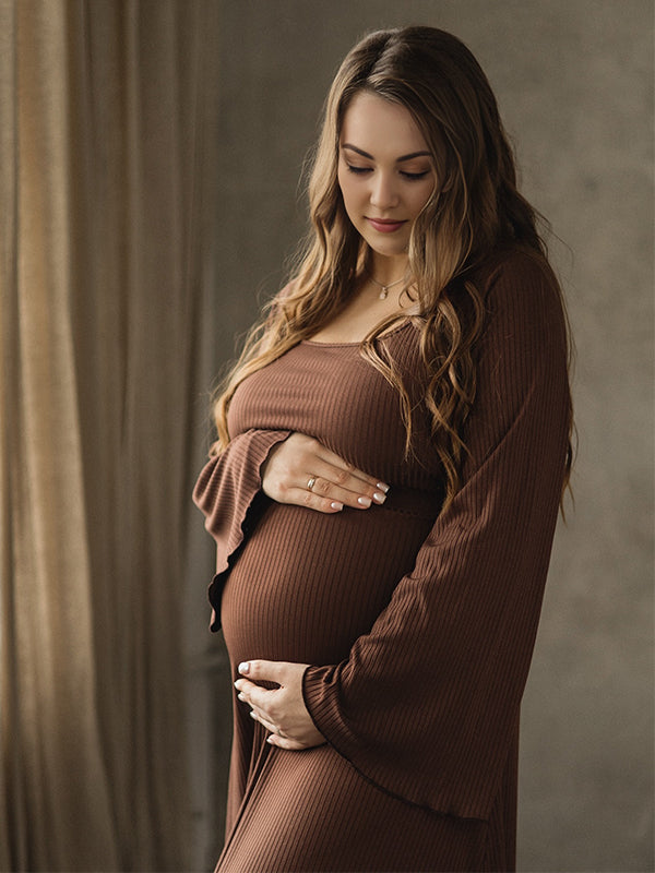 Momsmood Brown Solid Color U-Neck Flare Sleeve Photoshoot Baby Shower Maternity Maxi Dress