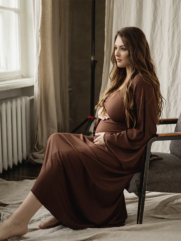 Momsmood Brown Solid Color U-Neck Flare Sleeve Photoshoot Baby Shower Maternity Maxi Dress