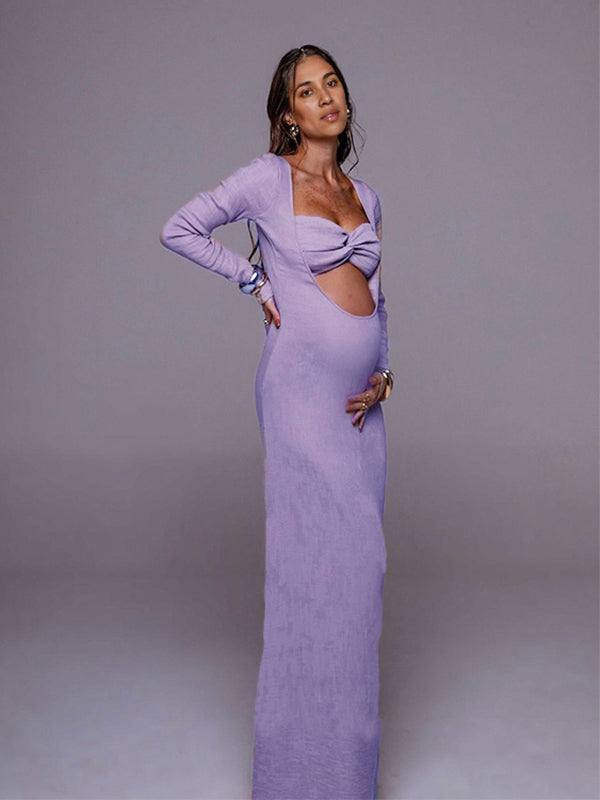 Momsmood Cut Out Solid Color Slit Flare Sleeve Bodyocn Photoshoot Baby Shower Maternity Maxi Dress