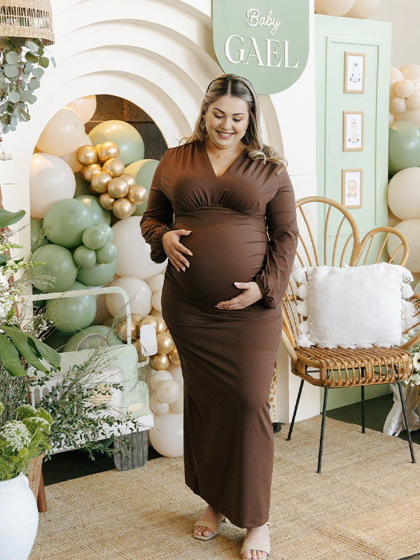 Momsmood Coffee V-neck Ruched Lantern Sleeve Bodyocn Photoshoot Baby Shower Maternity Maxi Dress