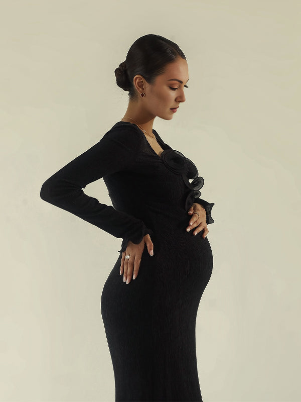 Momsmood Black 3D Flowers Ruffle Back Slit Bodyocn Photoshoot Baby Shower Maternity Maxi Dress