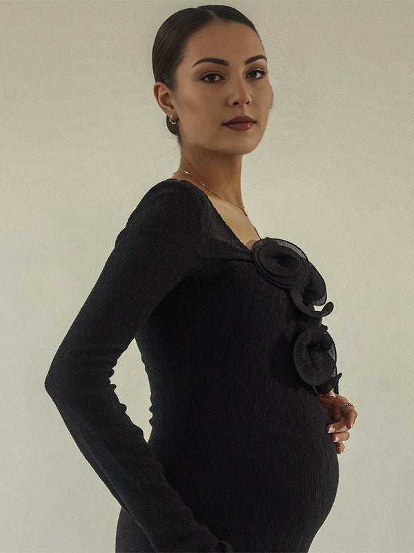 Momsmood Black 3D Flowers Ruffle Back Slit Bodyocn Photoshoot Baby Shower Maternity Maxi Dress