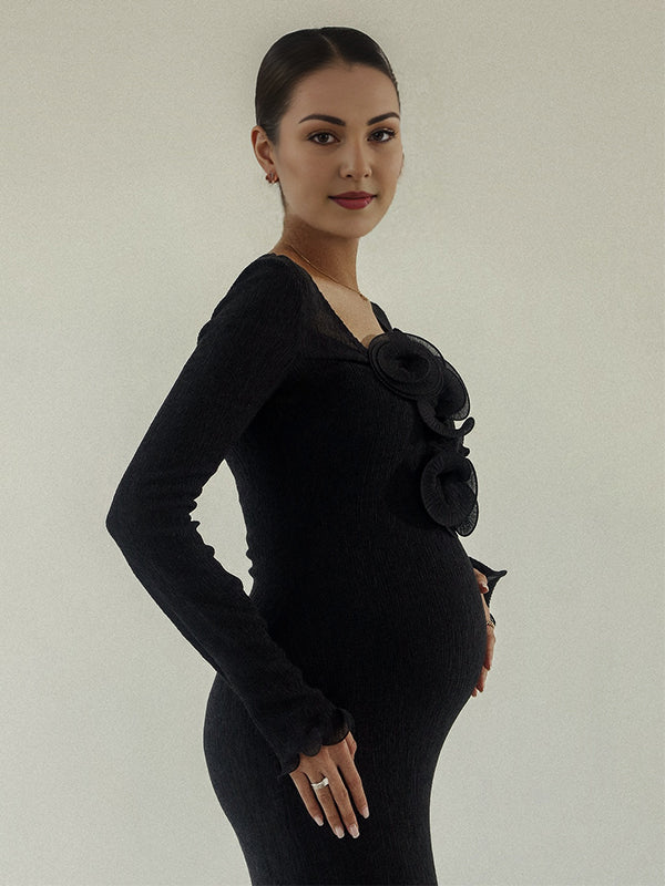 Momsmood Black 3D Flowers Ruffle Back Slit Bodyocn Photoshoot Baby Shower Maternity Maxi Dress