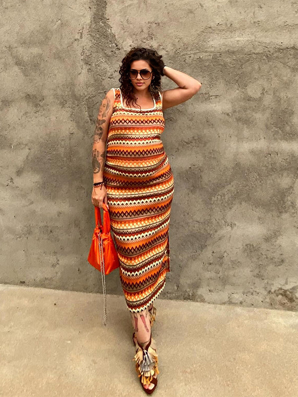 Momsmood Tan Print Side Slit Boho U-neck Bodycon Vacation Daily Maternity Maxi Dress