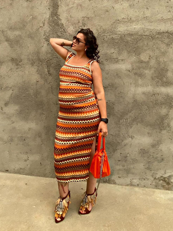 Momsmood Tan Print Side Slit Boho U-neck Bodycon Vacation Daily Maternity Maxi Dress
