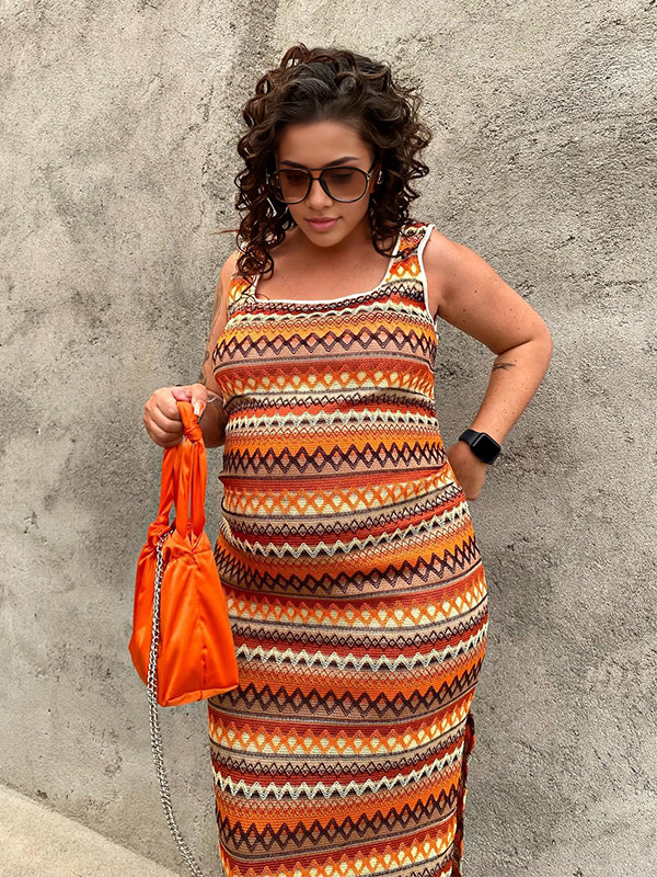 Momsmood Tan Print Side Slit Boho U-neck Bodycon Vacation Daily Maternity Maxi Dress