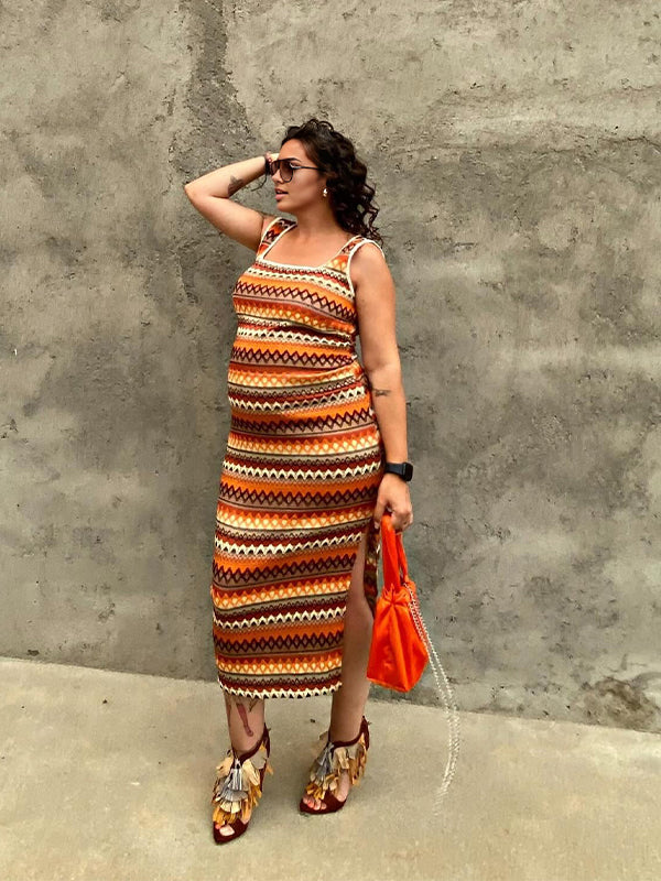 Momsmood Tan Print Side Slit Boho U-neck Bodycon Vacation Daily Maternity Maxi Dress