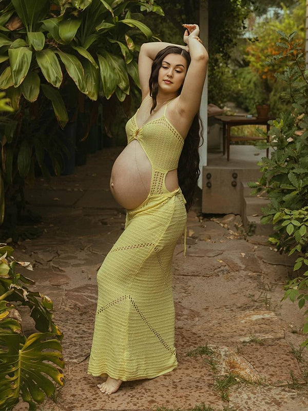 Momsmood Yellow Cut Out Halter Neck Backless Lace Up Bodycon Vacation Photoshoot Maternity Maxi Dress